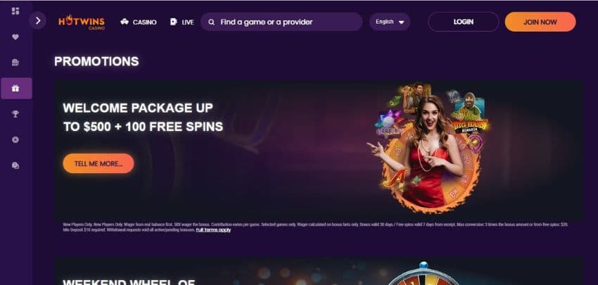 HotWins Casino's promotions page, showing the welcome bonus worth up to €500 plus 100 free spins.