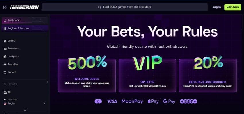 Immerion Casino's homepage, showing banners for the welcome bonus, VIP bonus, and cashback bonus.