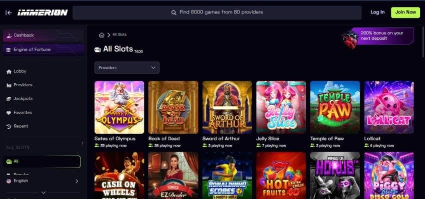 Immerion Casino's slot games category, showing various titles including Gates of Olympus, Book of Dead, and others.