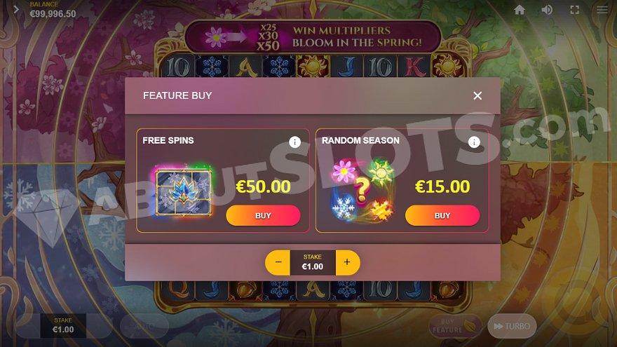 A menu offering the Free Spins for 50X the bet and a random Season Feature for 15X the bet.