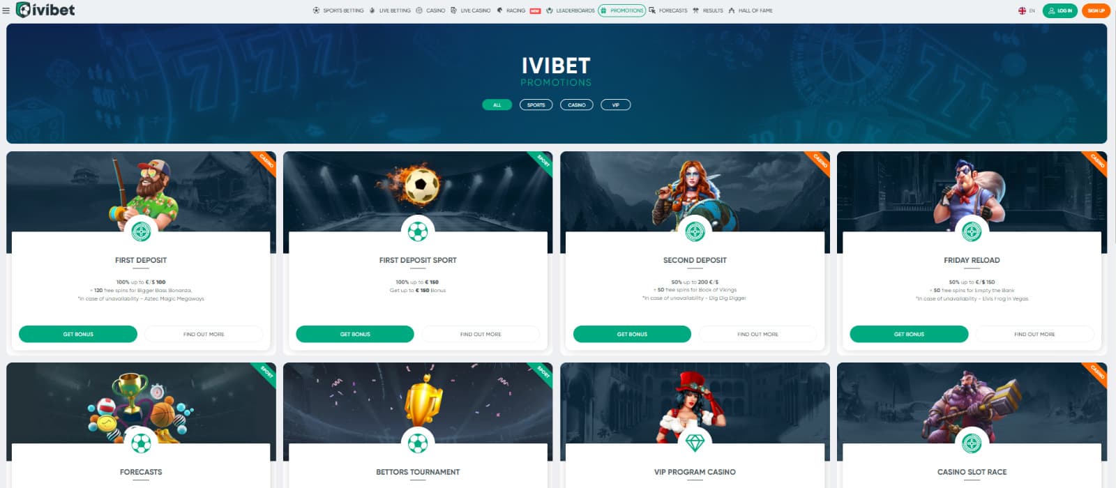 Alt text: Ivibet Casino promotions page with first deposit bonuses and reload bonuses