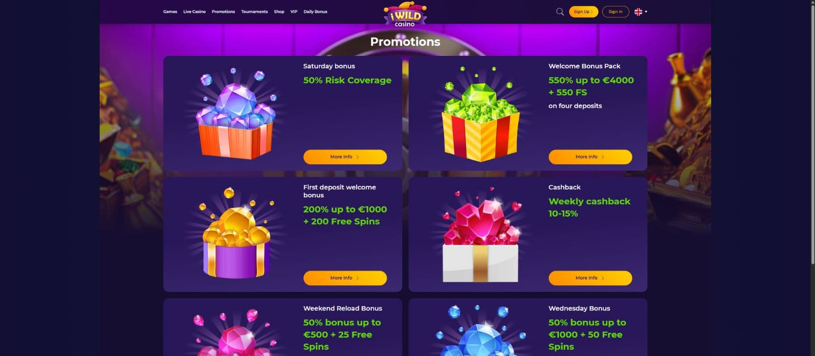 iWild Casino promotions page showing the available promotions and bonuses