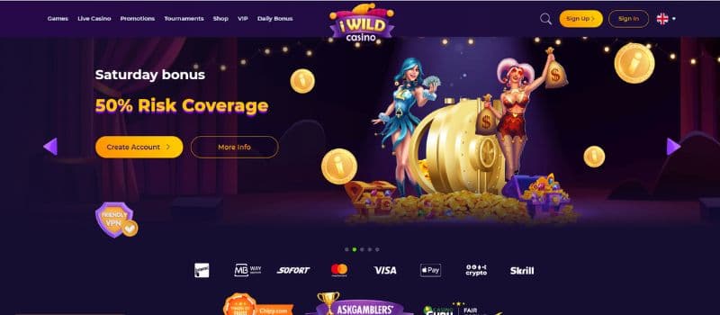 Main page for iWild Casino with a menu on the left and login or sign up options at the right.