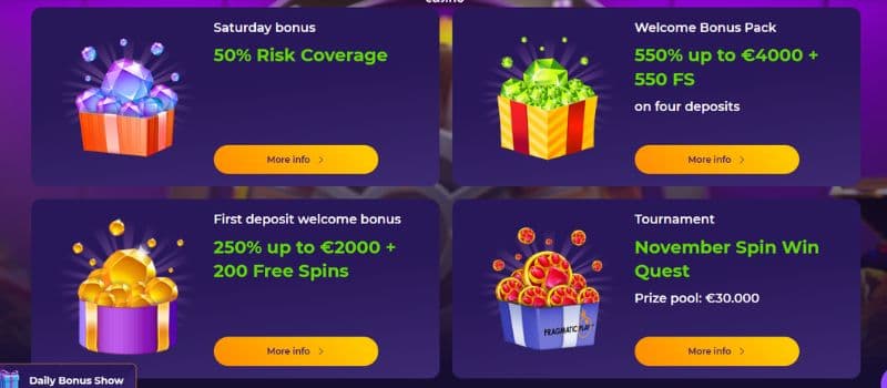 Four different bonuses at iWild Casino, including a Saturday bonus, a Welcome bonus pack, a first deposit welcome bonus, and a tournament bonus with a prize pool of 30,000 EUR.