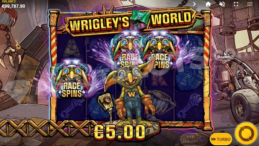 Three Scatter Symbols on reels 1, 3, and 4 trigger award €5 and triggers the free spins.