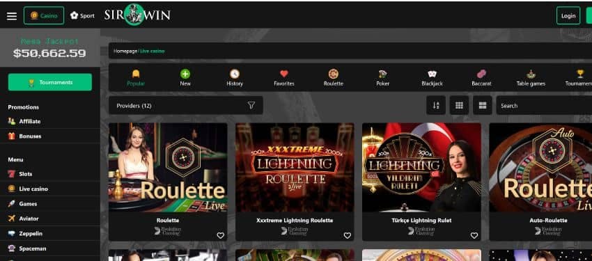 Sirwin casino live dealer page showing thumbnails of some titles and a side menu