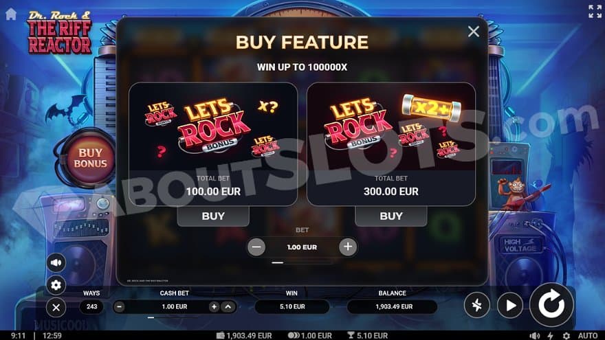 A menu offering the Free Spins for 100X the bet and the Super Free Spins for 300X the bet.