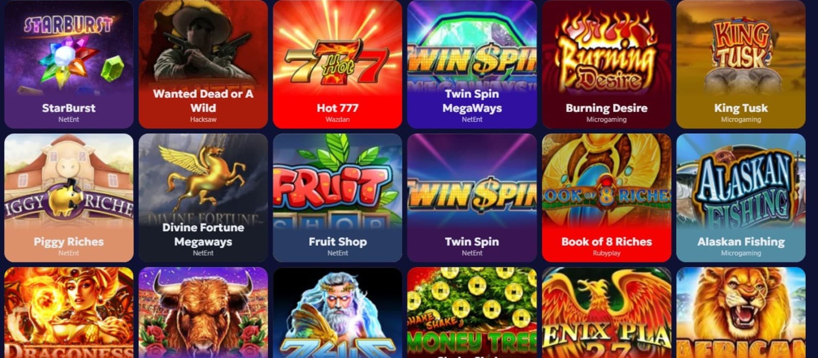 The games section of Jinx Casino presents a wide variety of slot games, such as StarBurst, Hot 777, and more.