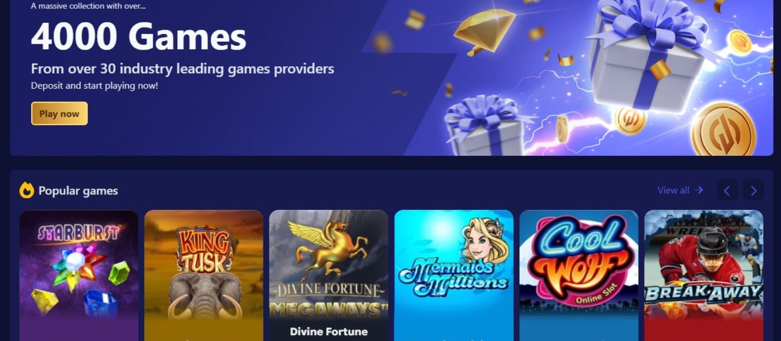 The landing page of Jinx Casino displays over 4000 games, such as Cool Wolf, King tusk, and more.