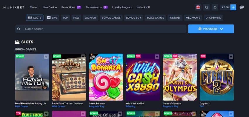 Monixbet Casino’s slot games page, featuring titles such as Sweet Bonanza and Gates of Olympus