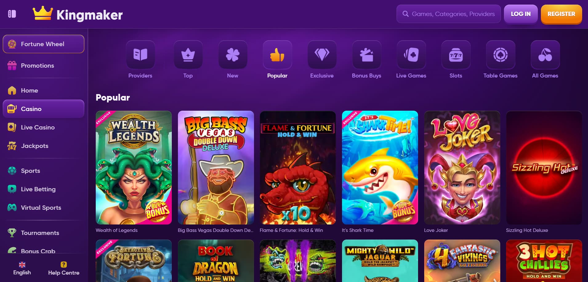 Kingmaker Casino games page featuring popular titles with Medusa , cowboy and Joker graphics