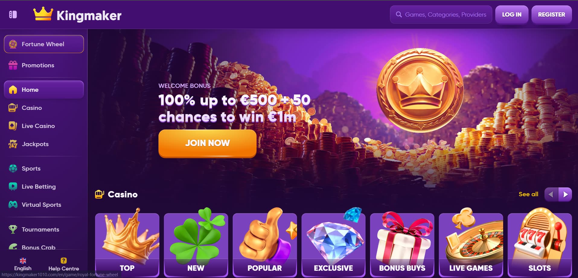 Kingmaker Casino Landing page with gold coin mountains and crown promotion banner