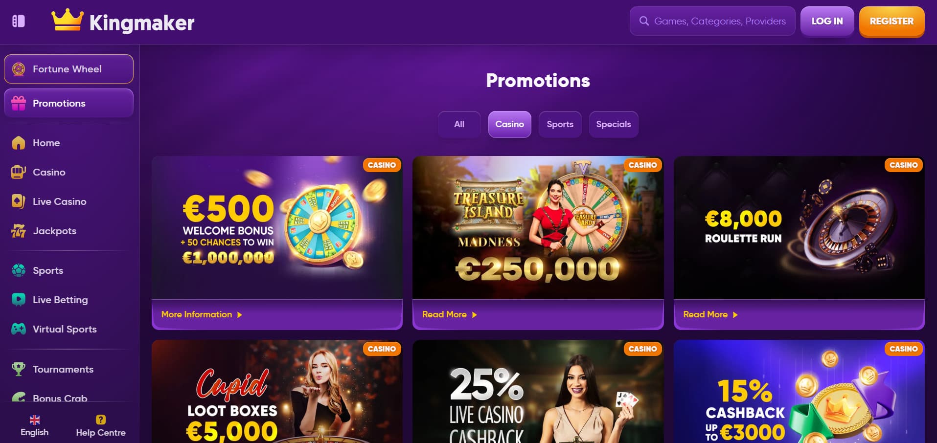 Kingmaker Casino casino promotions page with golden roulette 