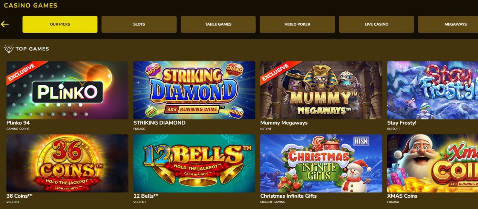 Kings Chance Casino Games category page showing thumbnails of different slot titles like Striking Diamond.