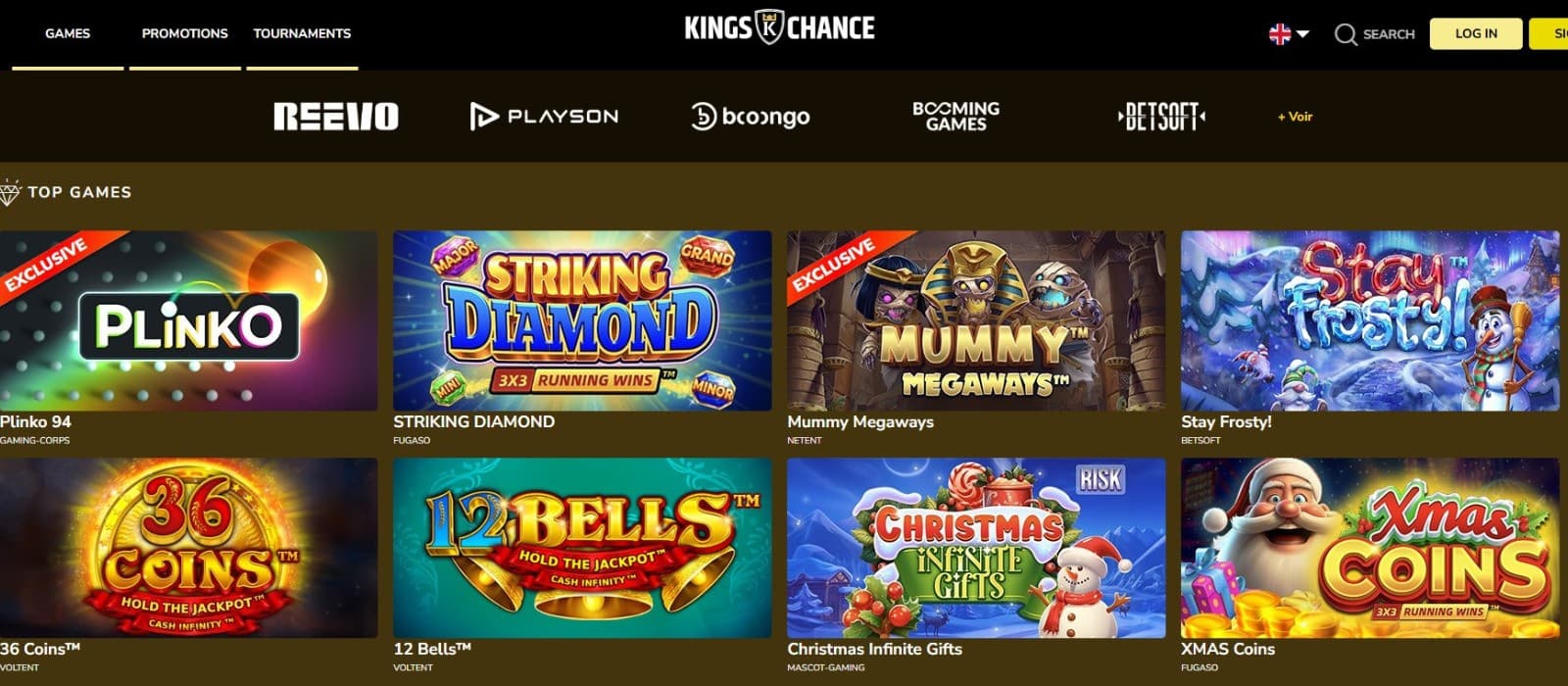 The landing page of Kings Chance Casino shows the top games.