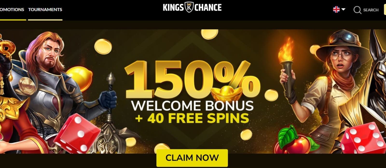 kings chance casino promotions showing the 150% bonus banner with animated images of a king, queen and an explorer