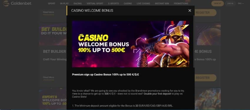 An animated image of a gladiator man wielding a sword with full armour and text showing the casino welcome bonus offer 