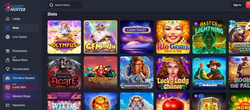 Lucky hunter casino slot page with thumbnails of different games and a search bar