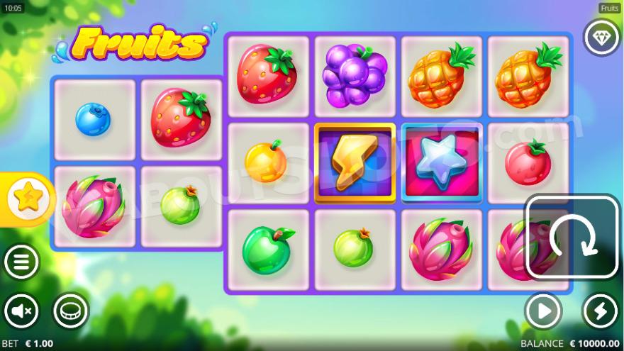 Base game with fruit symbols on the reels.