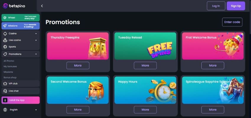 Betspino Casino’s promotions page showing the first welcome bonus and other promotions.