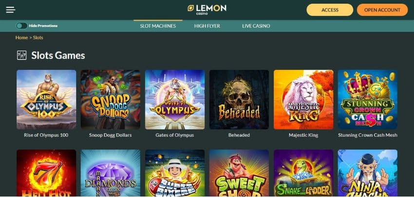 Lemon Casino's homepage showing the welcome bonus and game category tabs.