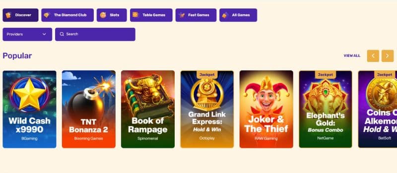  The gaming page with popular slots, such as Book of Rampage and Joker & The Thief.