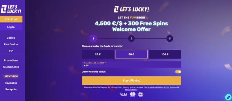 The main page for LetsLucky where you have a menu on the right and the welcome offer worth up to 4,500 EUR + 300 free spins in the center.