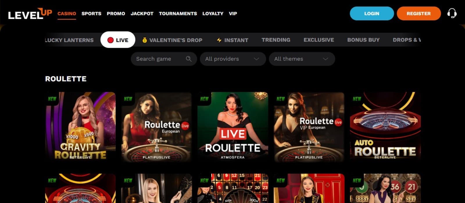 LevelUp Casino's live games section, showing variations of roulette.