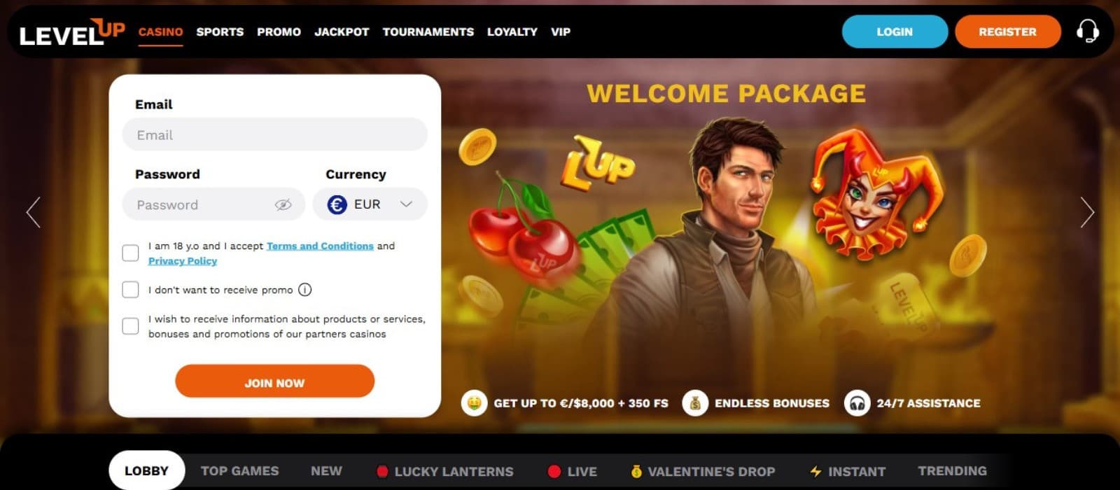 LevelUp Casino's homepage, showing the welcome package and a sign-up form.