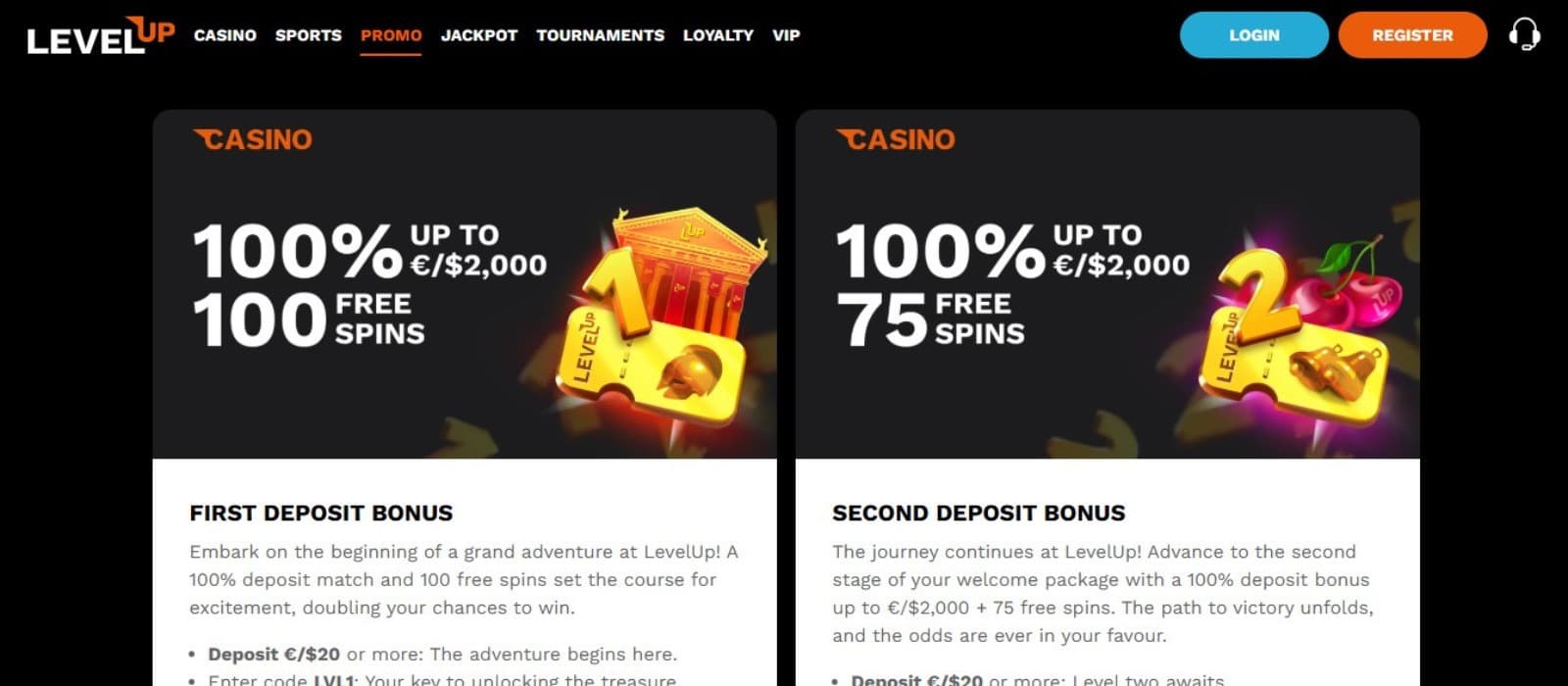 LevelUp Casino's promotions page, showing the 1st and 2nd Deposit bonuses.