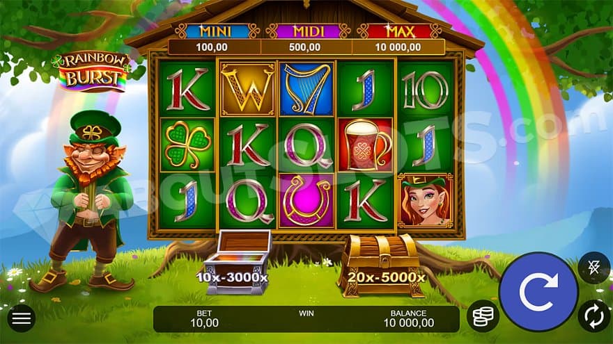 A five reel slot on a green field with a leprechaun to the left. 