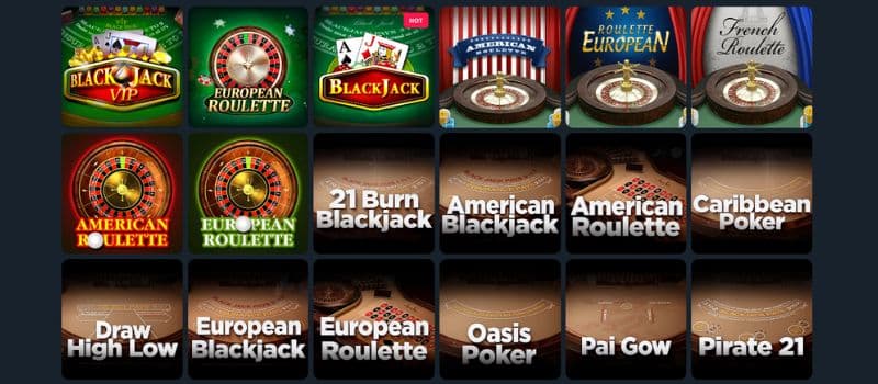 The lobby for table games at Loki Casino displaying several Roulette, Blackjack, and Poker titles.