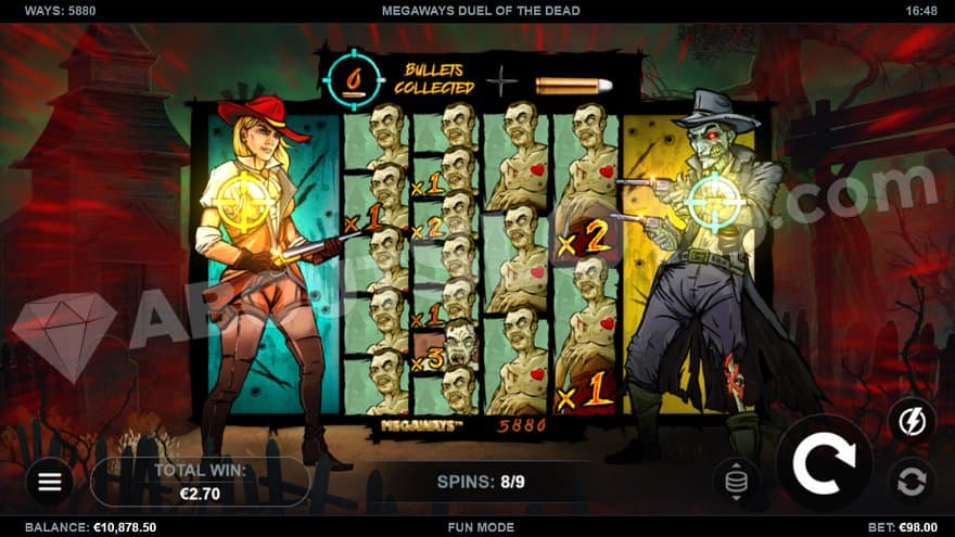 A female sheriff to the left of the reels is shooting at a zombie to the right of the reels while reels 2-5 are full of zombie symbols.