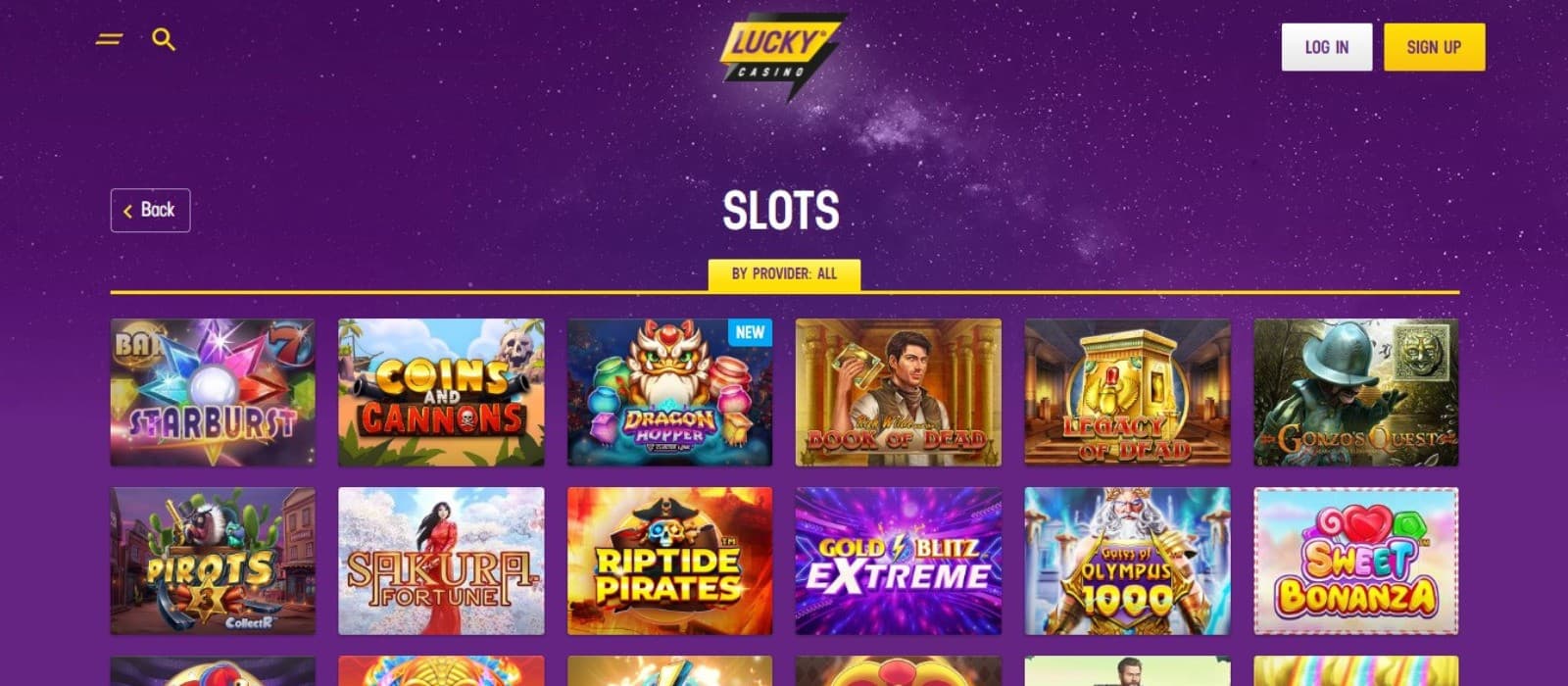 Lucky Casino's slot games category, showing titles like Starburst, Book of Dead, and other adventurous games.