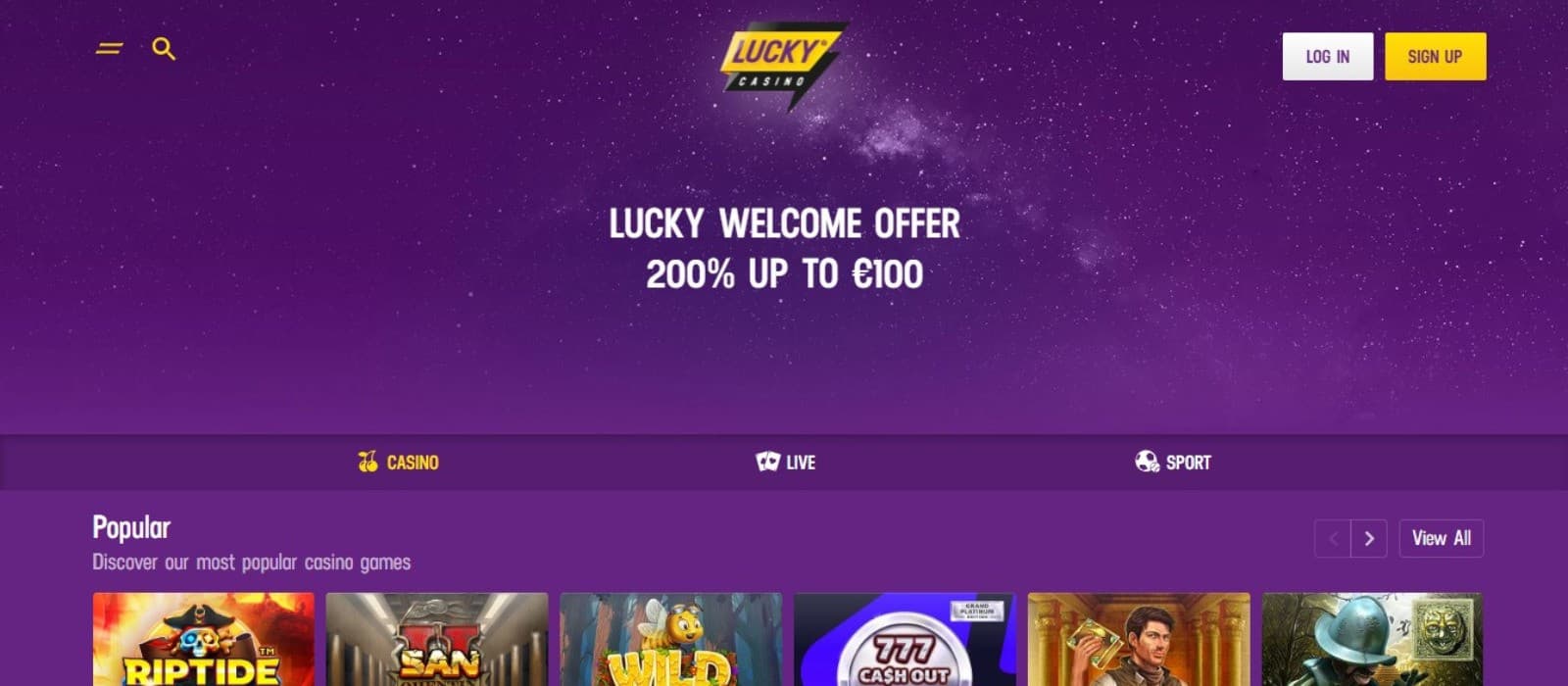 Lucky Casino's homepage, showing the welcome bonus and section tabs.