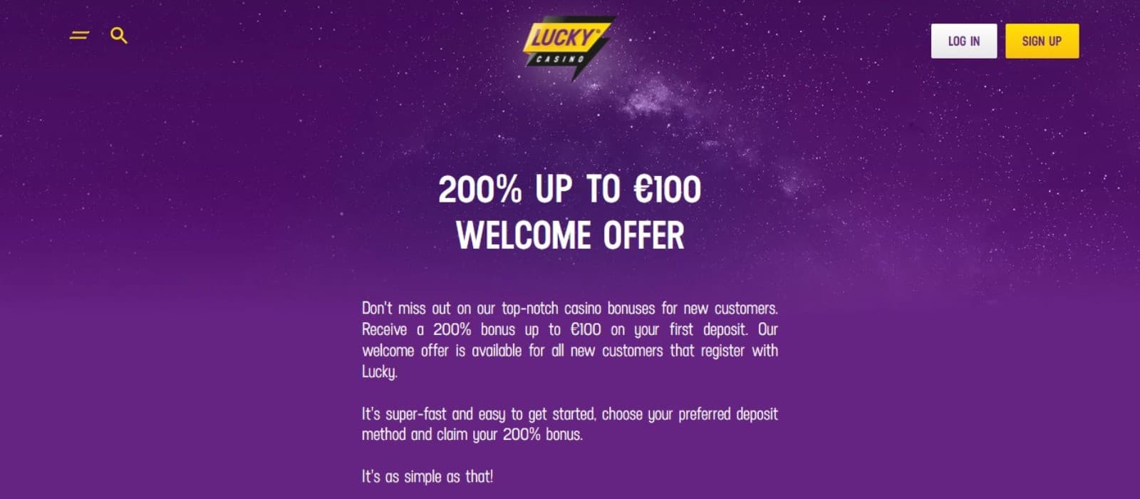 Lucky Casino's promotions page, showing the welcome bonus.