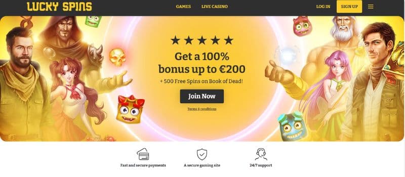 The main page for Lucky Spins with a lucrative bonus offer at the center giving you 100% bonus up to 200 EUR.