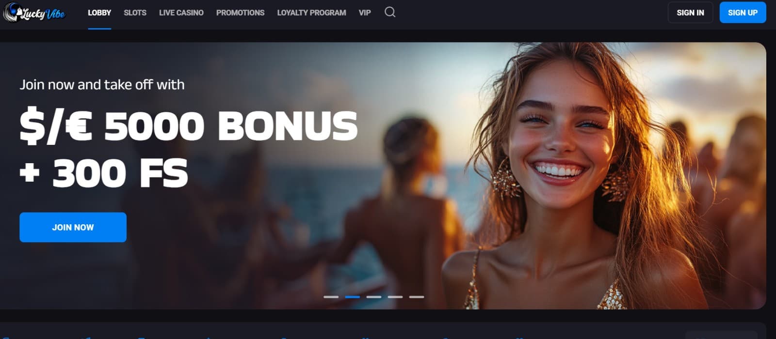 The landing page for Lucky Vibe promotes the welcome package which gives you up to 5,000 EUR + 300 free spins.