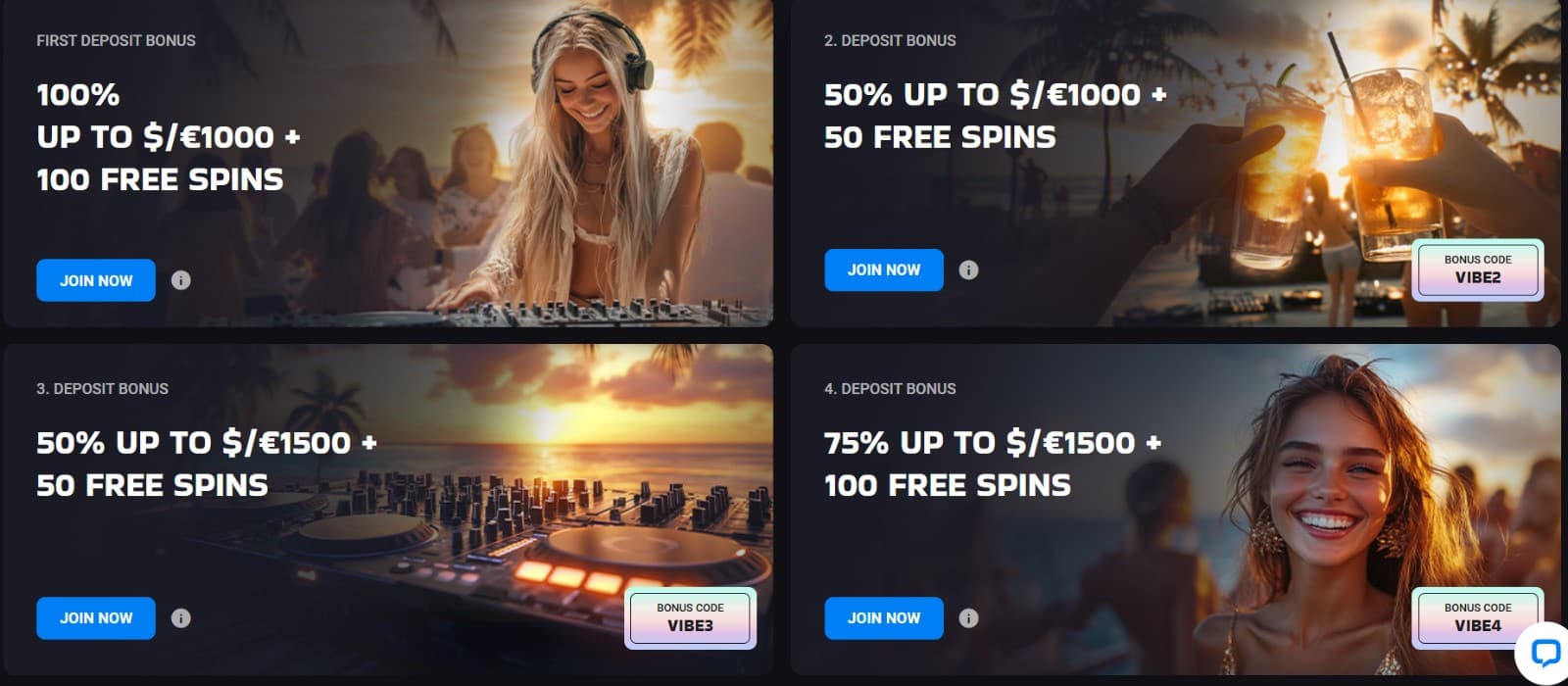 There are several lucrative bonuses available at Lucky Vibe such as 100% up to 1,000 EUR+ 100 free spins on your first deposit.