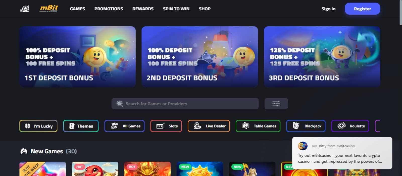 mBitCasino landing page with the welcome bonus offer banners and icons of various slot games with navigational menus