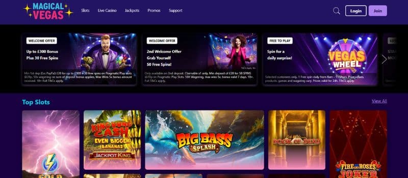 Here is the main page for Magical Vegas, where you can log in or sign up.