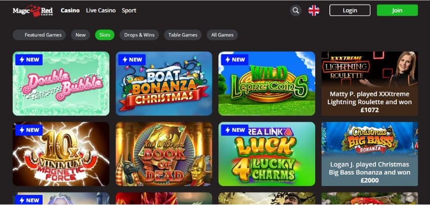 Magic Red Casino's slot games section, showing exciting titles such as Book of Dead and others.