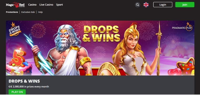 Magic Red Casino's promotions page, showing Pragmatic Play’s Drops & Wins tournament worth €2,000,000.