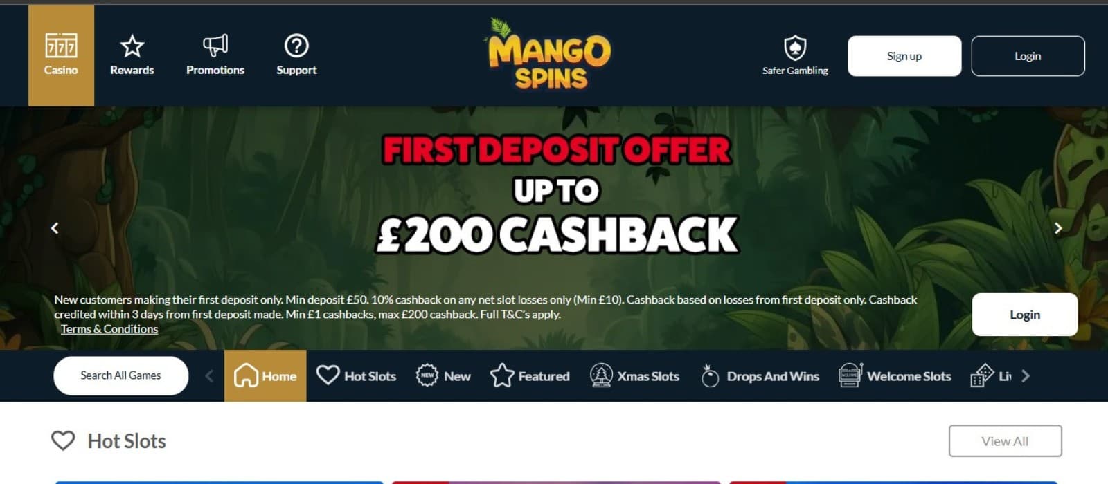 Mango Spins Casino's homepage, showing the welcome package and game tabs.