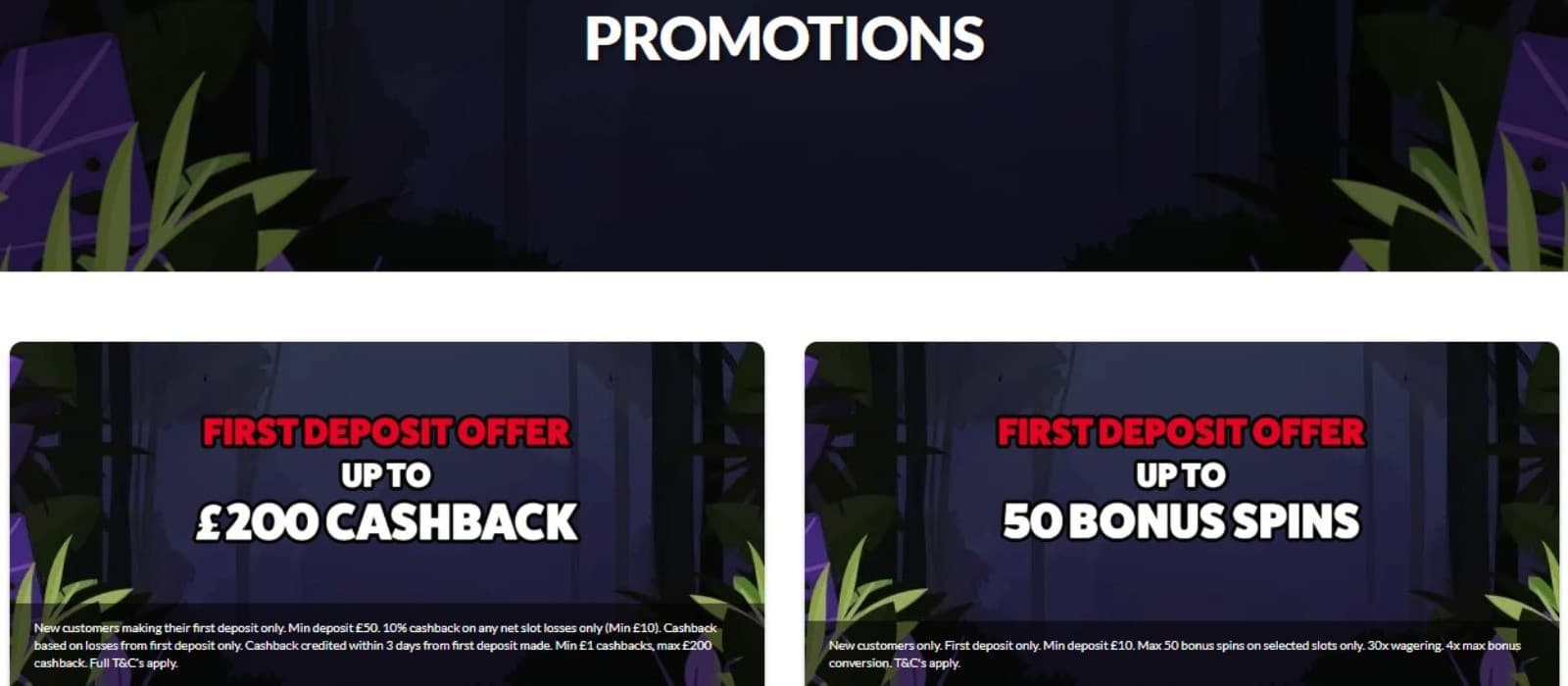 Mango Spins Casino's promotions page, showing the welcome bonus and a weekly free spins offer.