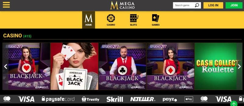 The login page for Mega Casino where several black jack games are visible.