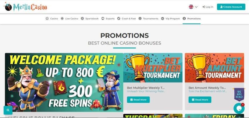 Merlin Casino's promotions page, showing the welcome bonus and some weekly tournaments.