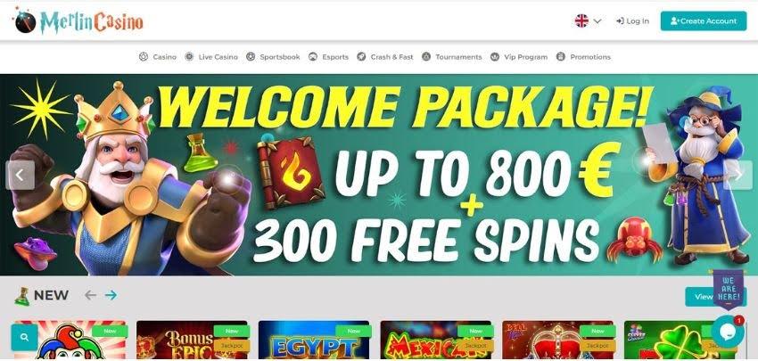 Merlin Casino's homepage, showing the welcome bonus banner flanked by game avatars.