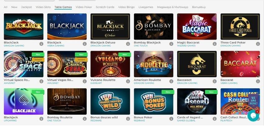 Merlin Casino's table games category, showing variations of blackjack, roulette and baccarat 