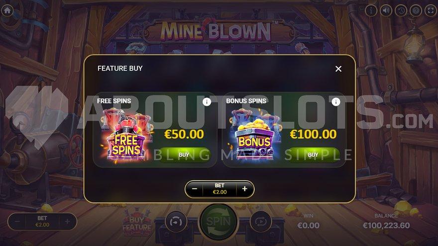 A screen offering the Free Spins for 25X the bet and the Bonus Spins for 50X the bet.